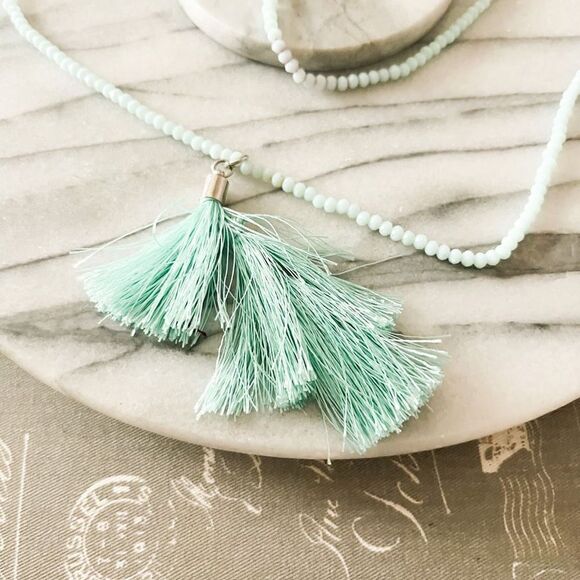Semiprecious Stone Necklace Beaded Light Blue Tassel Accent Pendant Boho Earthy - Picture 2 of 4